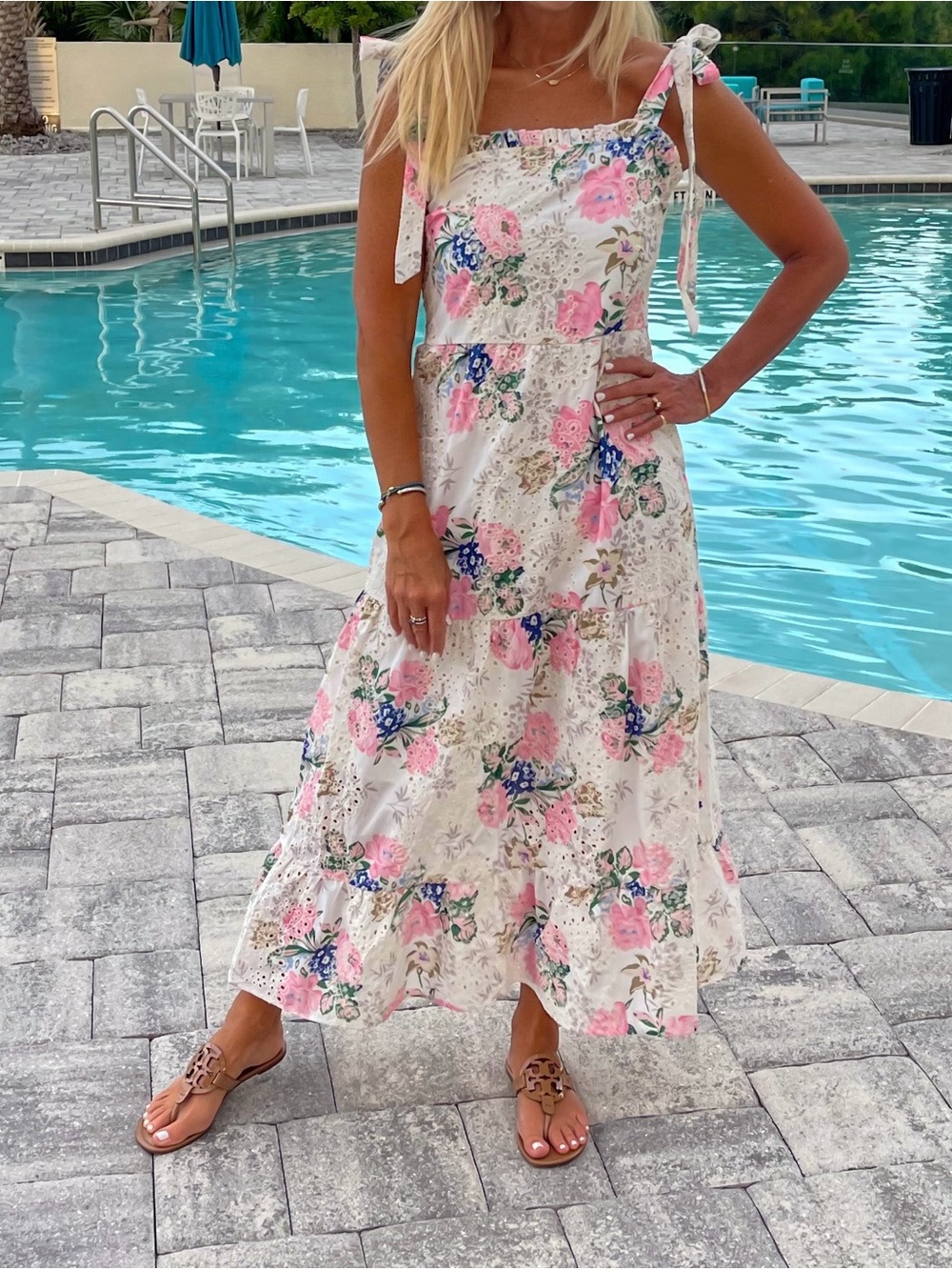 Floral Tie-Shoulder Midi Dress in Pink and White Eyelet